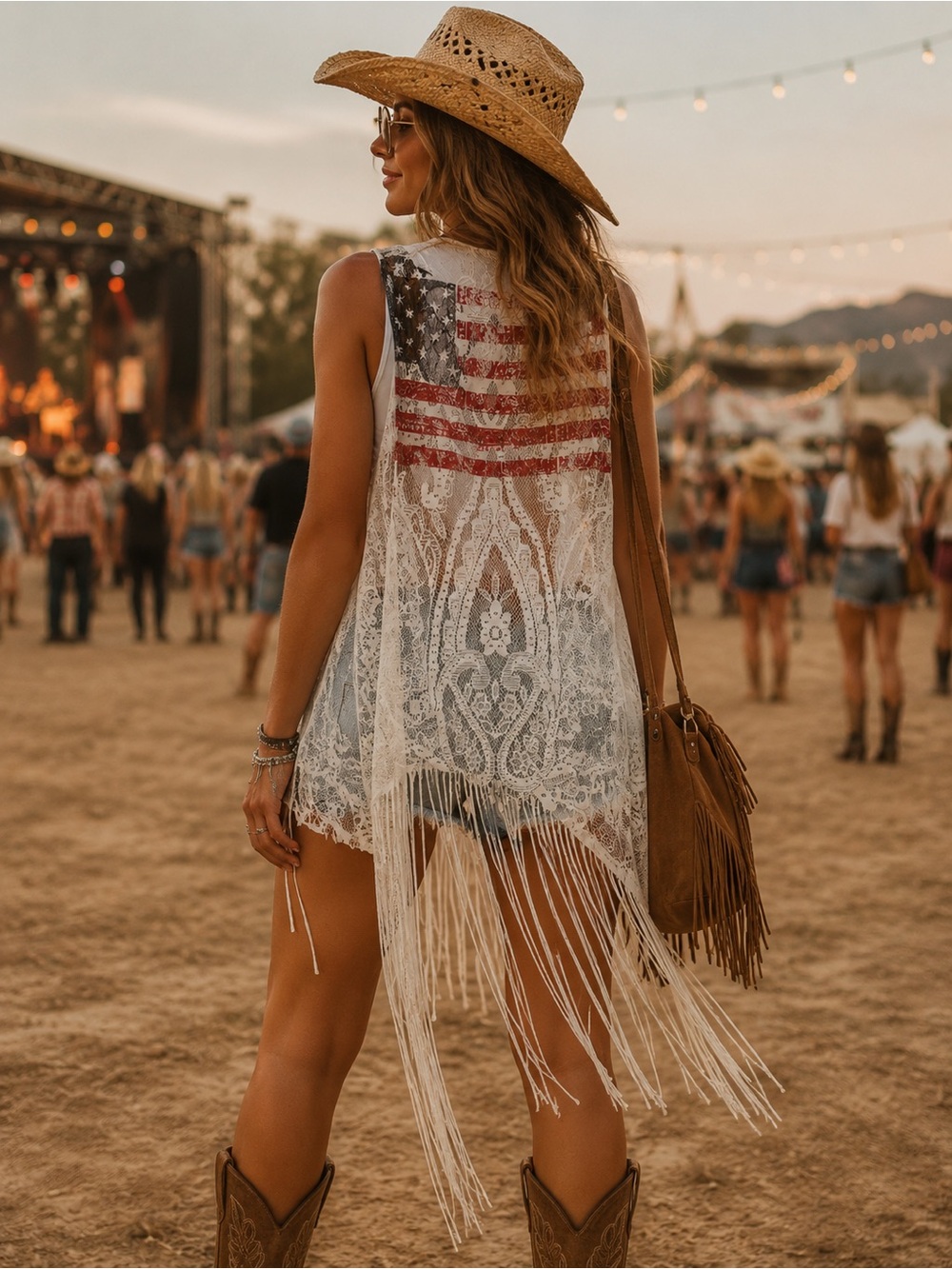 Icing White Lace Fringe Swim Cover-Up with American Flag Detail